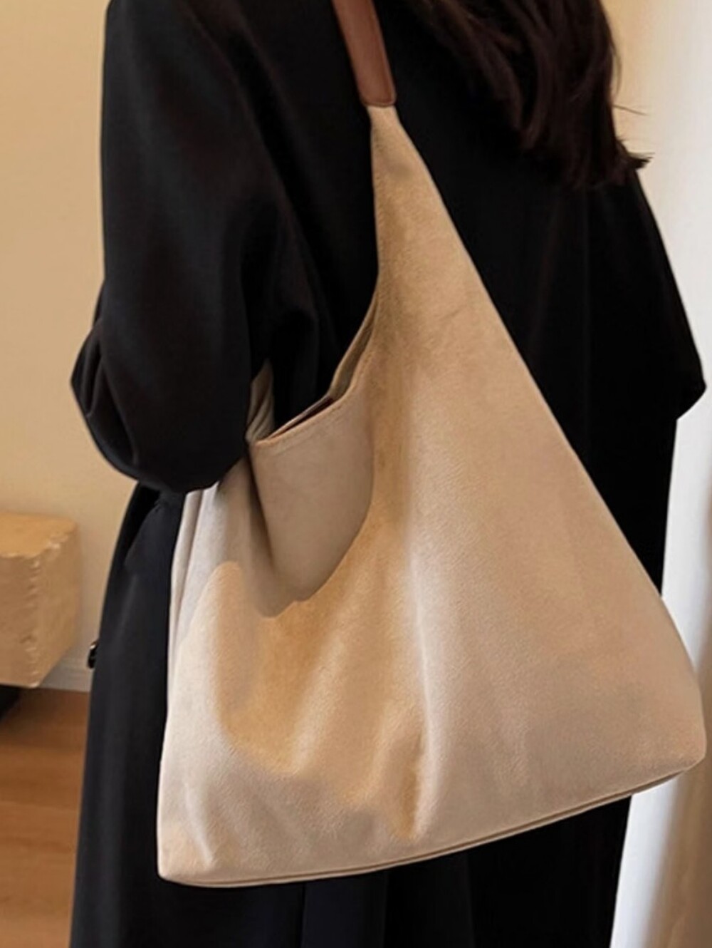 Minimalist Suede Hobo Bag in Taupe - Picture 3 of 4